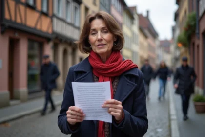 Femme française dans une rue de Strasbourg lisant des paroles