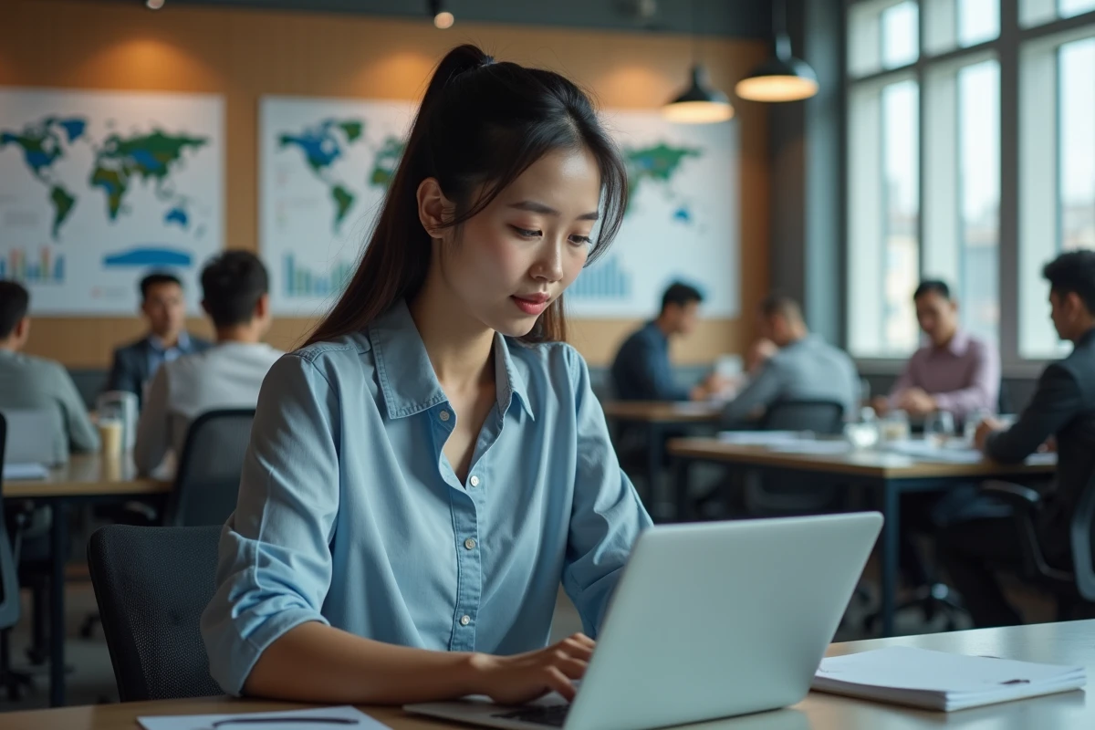 Jeune femme asiatique travaille sur un graphique AI dans un espace dynamique