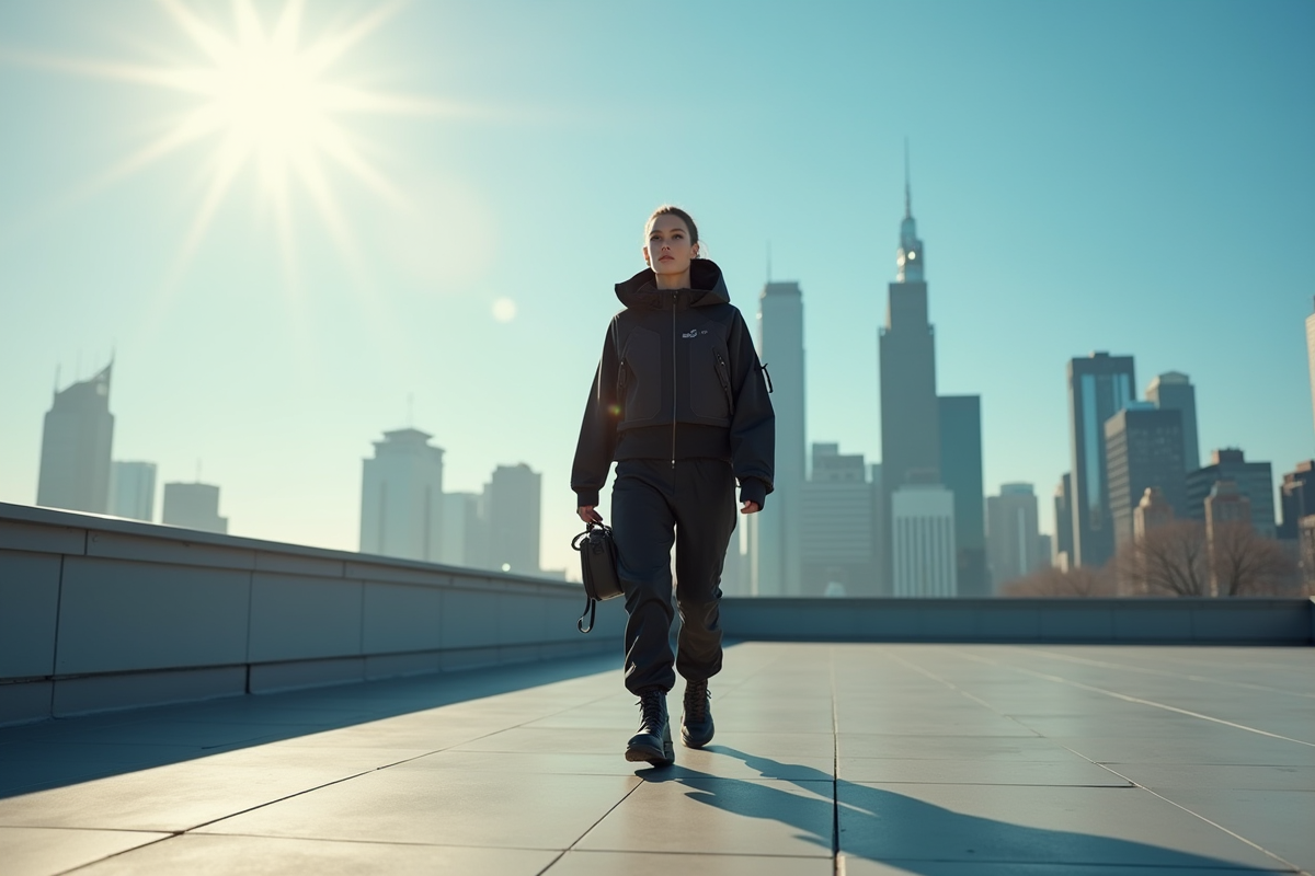 Femme en techwear sur un rooftop ensoleille avec vue urbaine