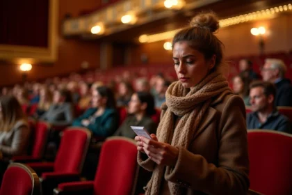 Femme d'âge moyen vérifiant son ticket au théâtre Mogador