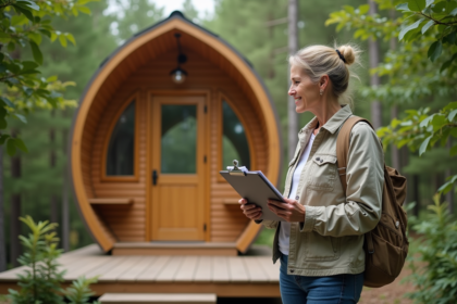 Femme avec un clipboard près d'une tiny house en bois