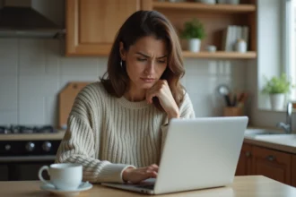 Femme concentrée sur son ordinateur dans une cuisine moderne