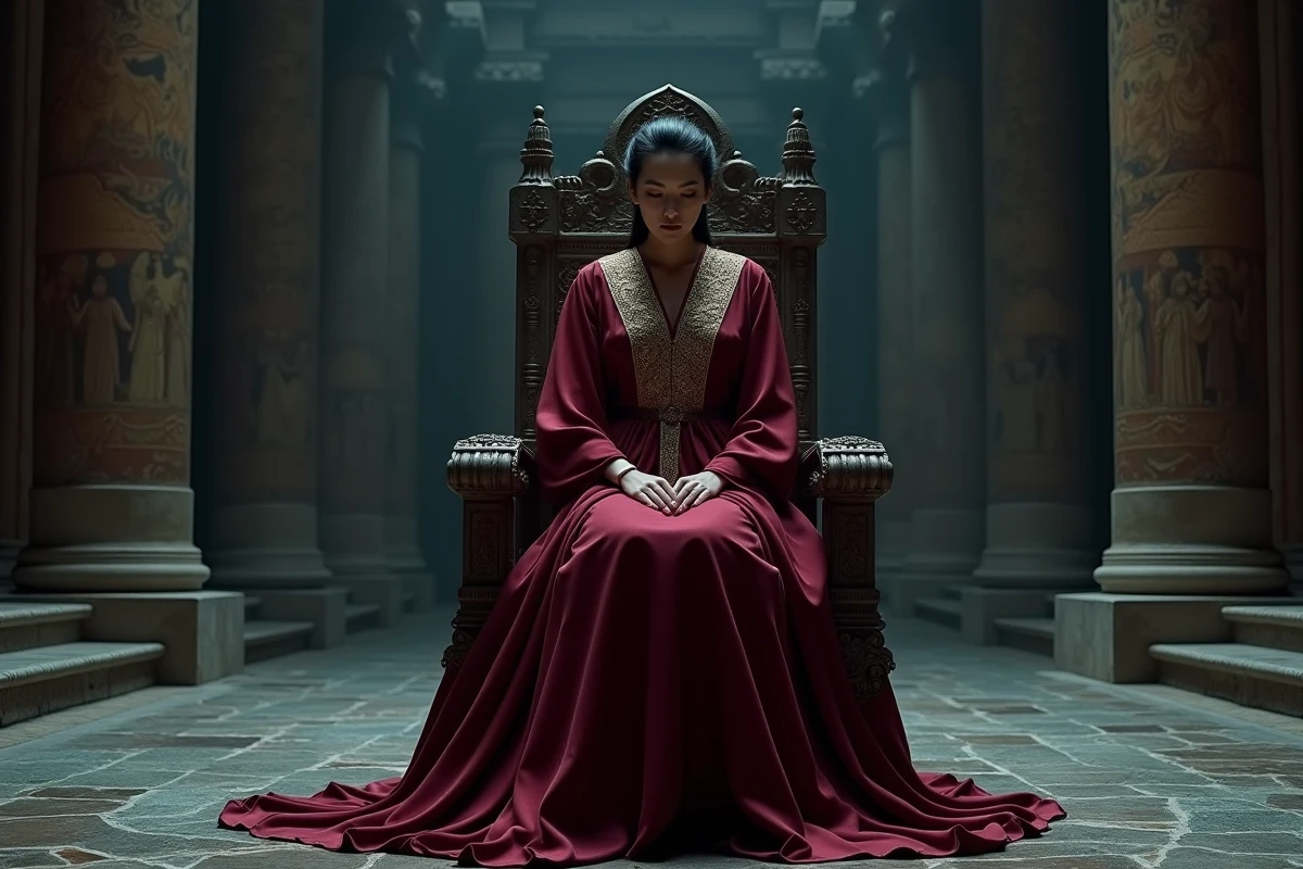 Femme au pouvoir absolu assise sur un trône de pierre dans une salle du trône imposante, symbolisant le mystère du plan d'Im dans One Piece 1149