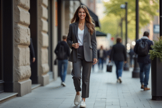 Femme confiante en ville avec blazer et sourire