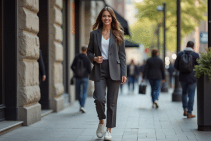 Femme confiante en ville avec blazer et sourire
