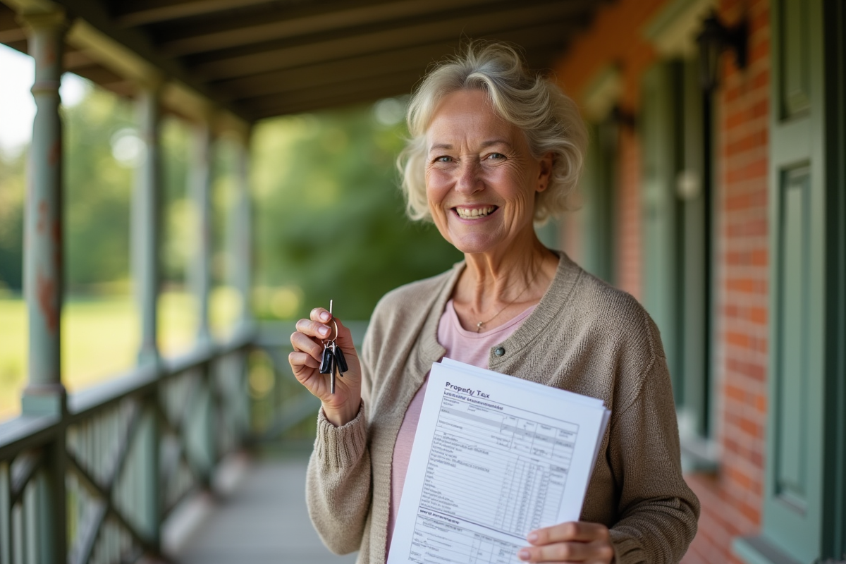 Femme senior souriante tient clés et déclaration d