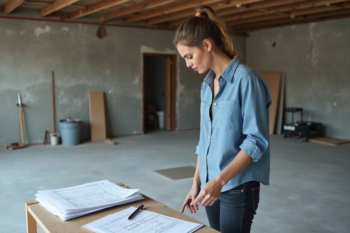 Femme vérifiant une surface en béton dans un garage en rénovation