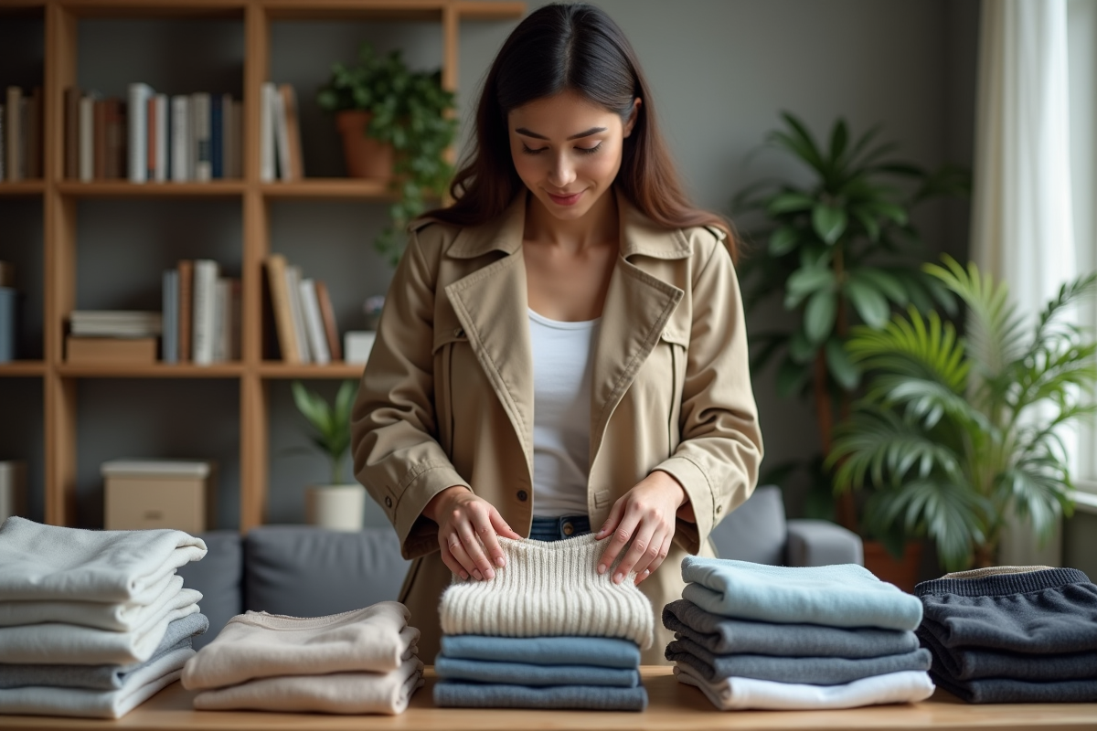 Jeune femme triant des vetements de seconde main dans un salon cosy