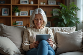 Femme âgée en vidéo appel famille dans un salon chaleureux