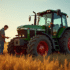 Agriculteur inspectant un tracteur d'occasion en plein champ