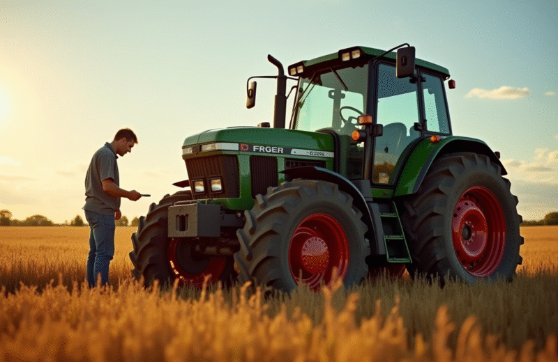 Agriculteur inspectant un tracteur d'occasion en plein champ