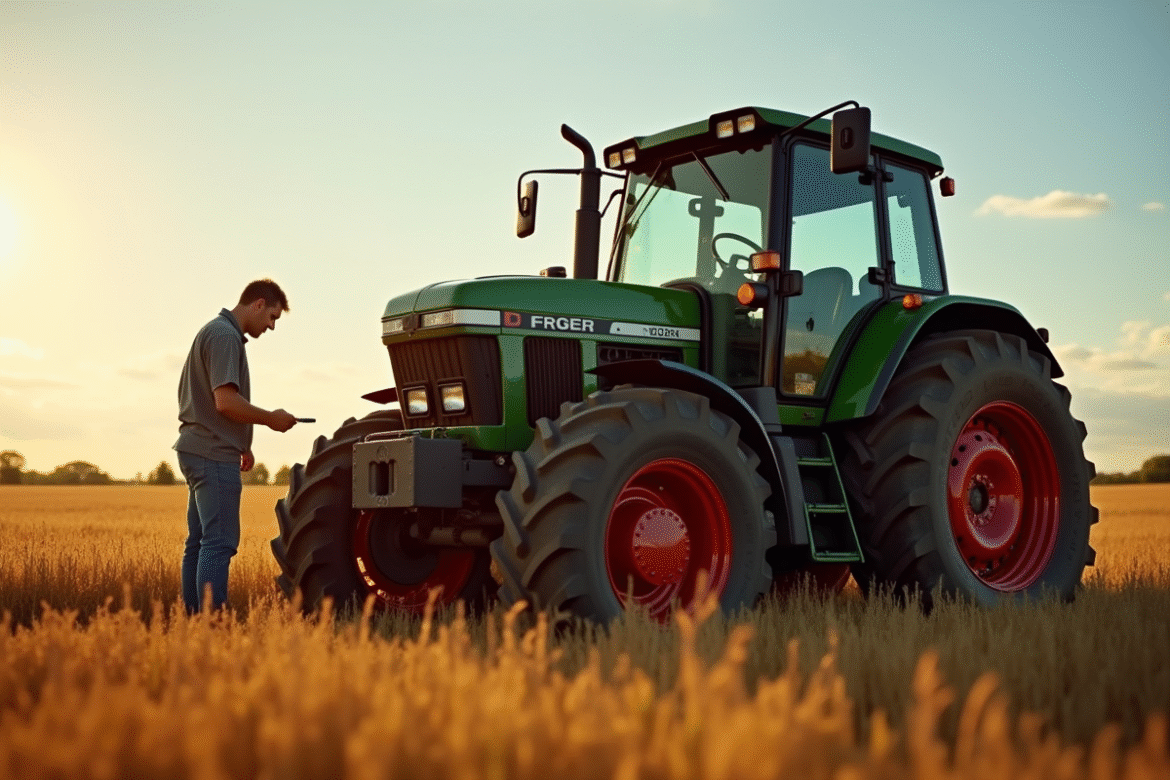 Agriculteur inspectant un tracteur d'occasion en plein champ
