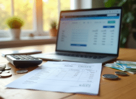 Fiche de paie et calculatrice sur un bureau lumineux