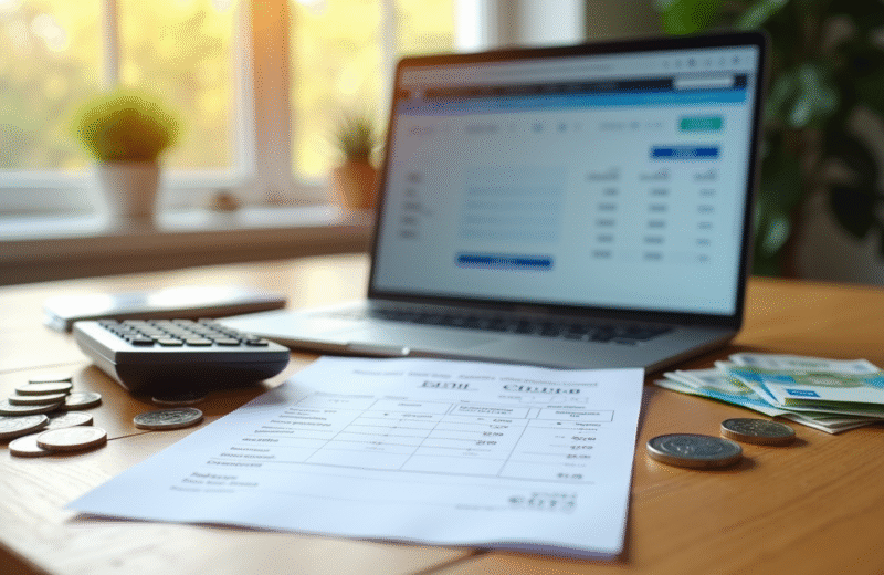 Fiche de paie et calculatrice sur un bureau lumineux