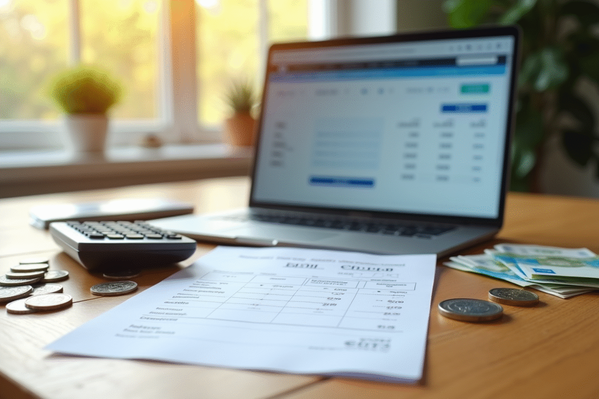 Fiche de paie et calculatrice sur un bureau lumineux