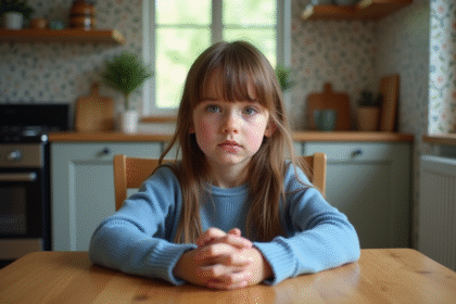 Jeune fille de 9 ans assise à la cuisine avec un regard pensif