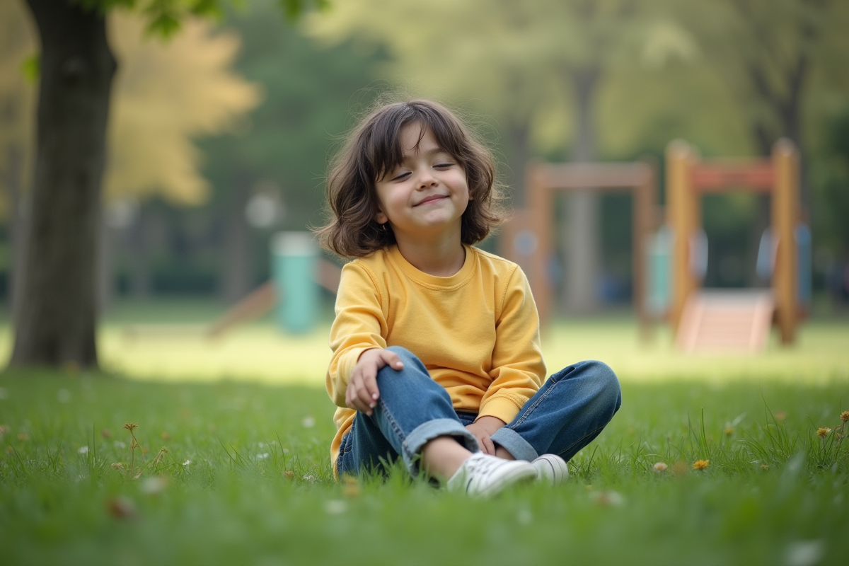 Jeune fille assise paisiblement dans un parc urbain