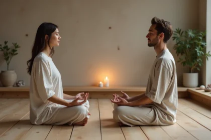Deux flammes jumelles en méditation face à face dans une pièce minimaliste, symbolisant la connexion spirituelle et l'union des âmes