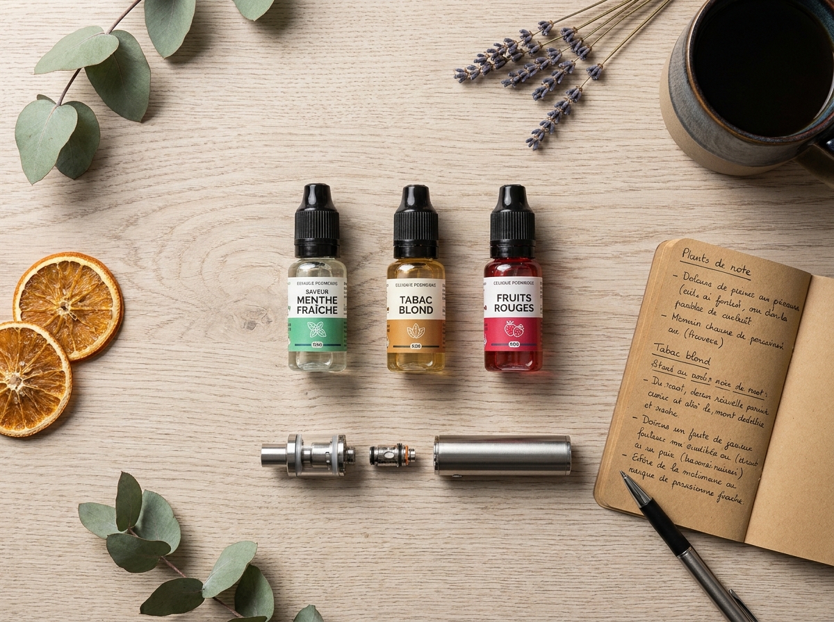 Flat-lay de flacons d'e-liquide français avec une cigarette électronique démontée et un carnet de notes sur une surface en bois, illustration éditoriale pour guider le choix d'un e-liquide de qualité