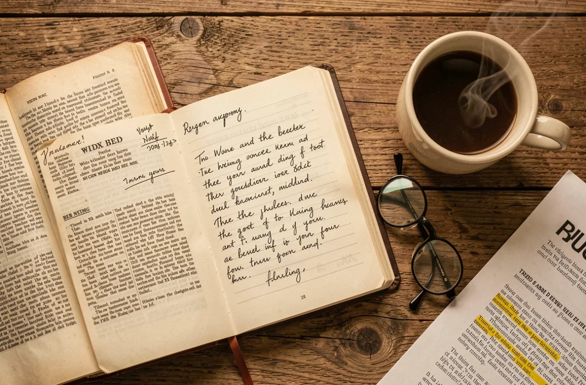 Flat-lay de Bible ouverte, journal annoté et article de blog sur l'Échelle de Jacob sur une table en bois