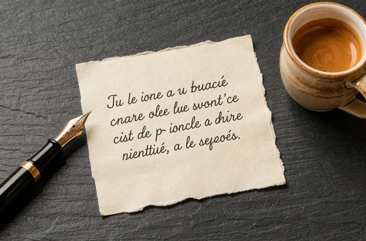 Flatlay d'une citation manuscrite sur papier froissé avec un stylo plume et une tasse d'espresso, illustration d'une formule courte et percutante