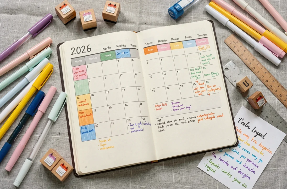 Vue de dessus d'un planning mensuel 2026 personnalisé avec codes couleur, icônes tamponnées et stylos pastel sur tissu gris
