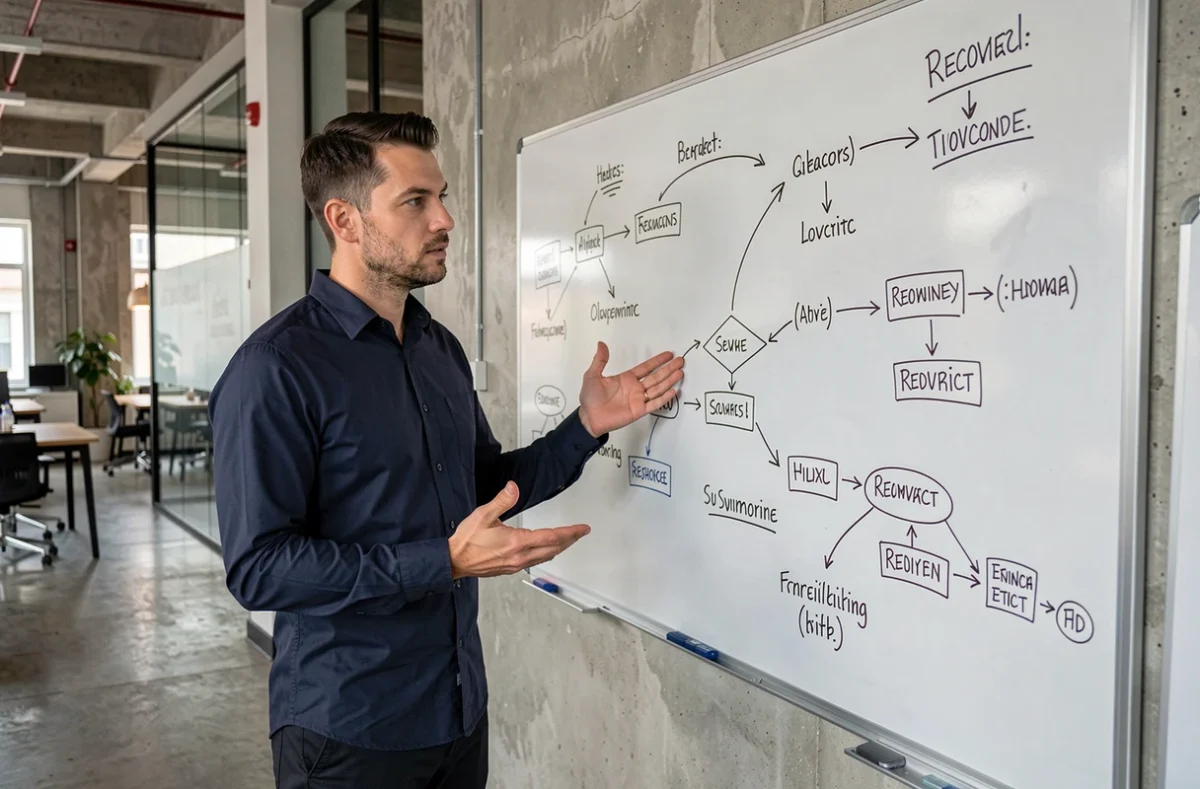 Formateur expliquant le concept de redirection HTTP sur un tableau blanc dans un espace de coworking