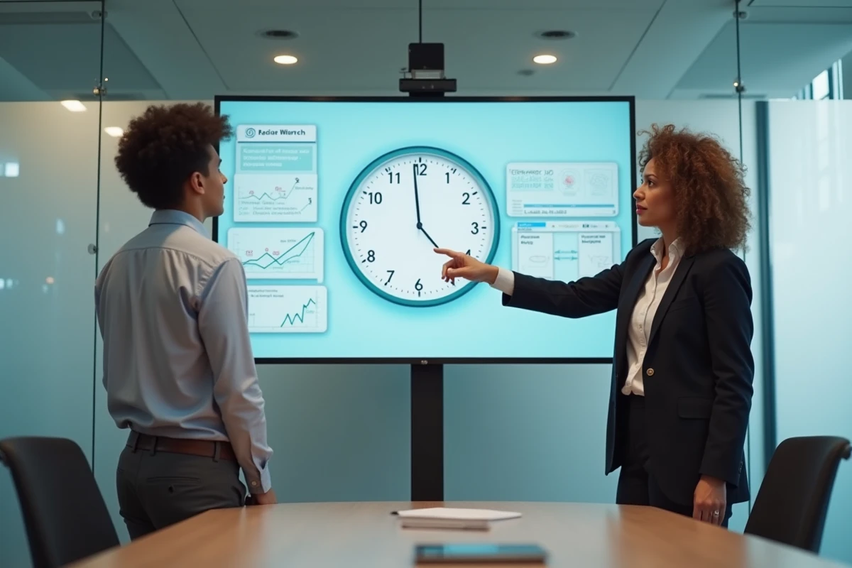 Professionnelle RH pointant un écran avec une horloge digitale