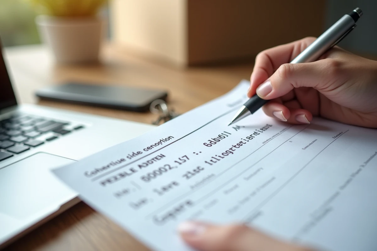 Gros plan sur un formulaire administratif avec le champ code postal rempli à la main, posé sur une table avec des clés d'appartement à Toulouse