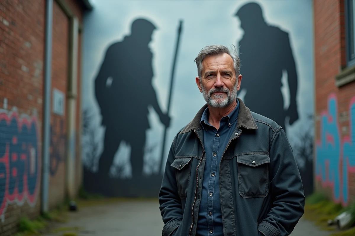 Homme devant une fresque murale urbaine représentant des silhouettes de titans colossaux inspirés de L'Attaque des Titans