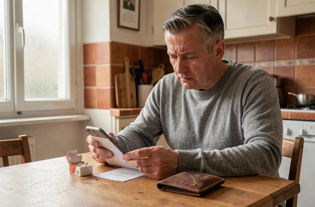 Homme comparant le prix d'une cartouche de cigarettes avec son budget à la maison