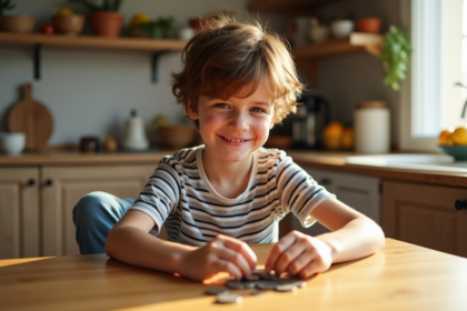 Garçon de 8 ans souriant comptant des pièces dans la cuisine