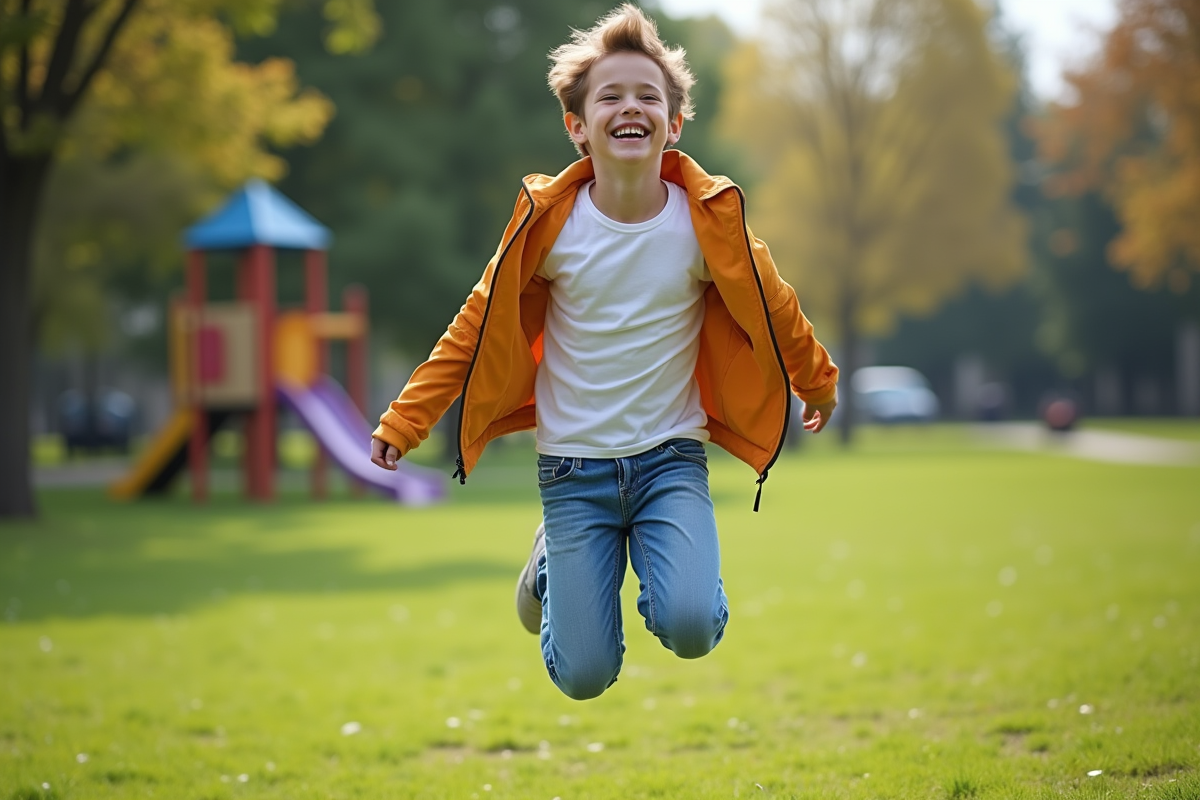 Garçon joyeux sautant dans un parc en tenue décontractée