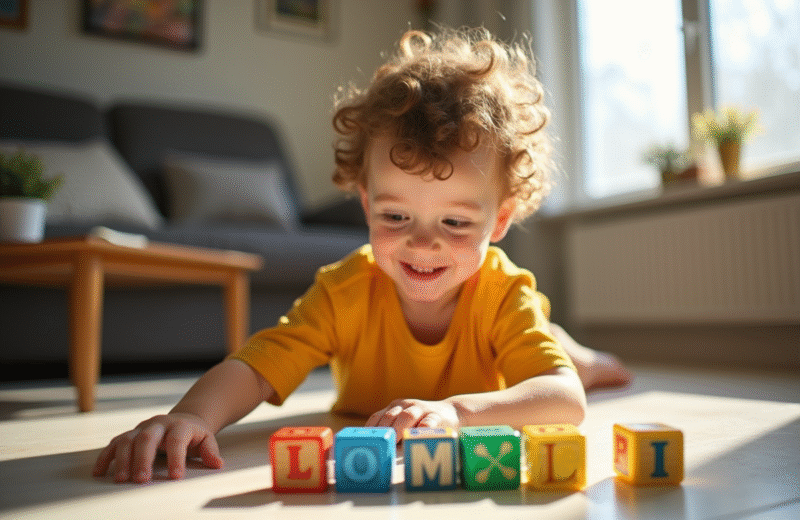 Jeune garçon souriant jouant avec des blocs d'alphabet colorés