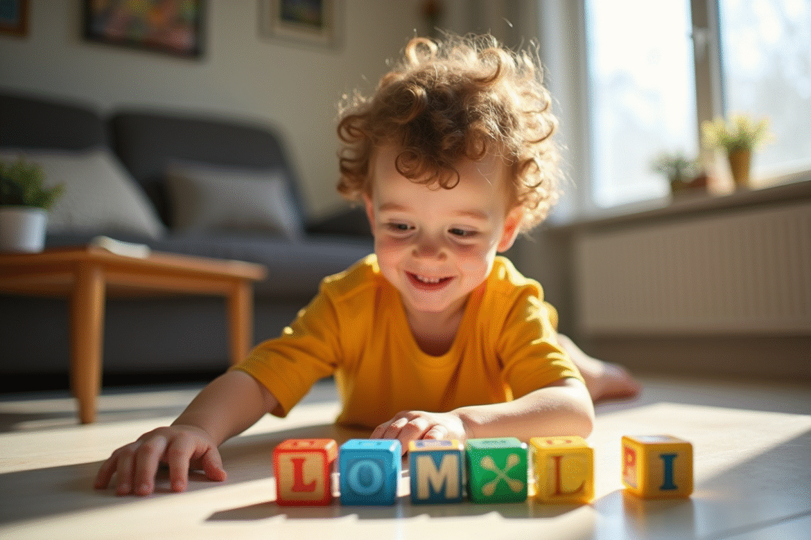 Jeune garçon souriant jouant avec des blocs d'alphabet colorés