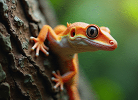 Gecko uroplatus camouflé sur l'écorce d'arbre en forêt