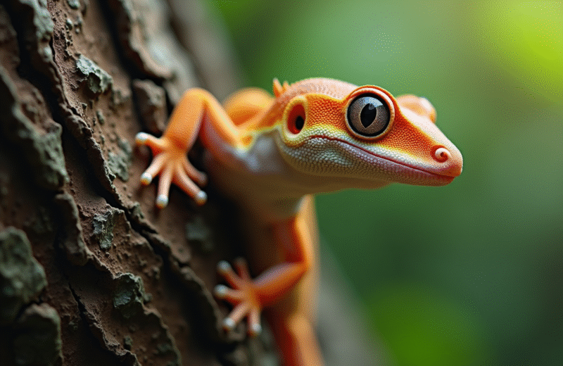 Gecko uroplatus camouflé sur l'écorce d'arbre en forêt