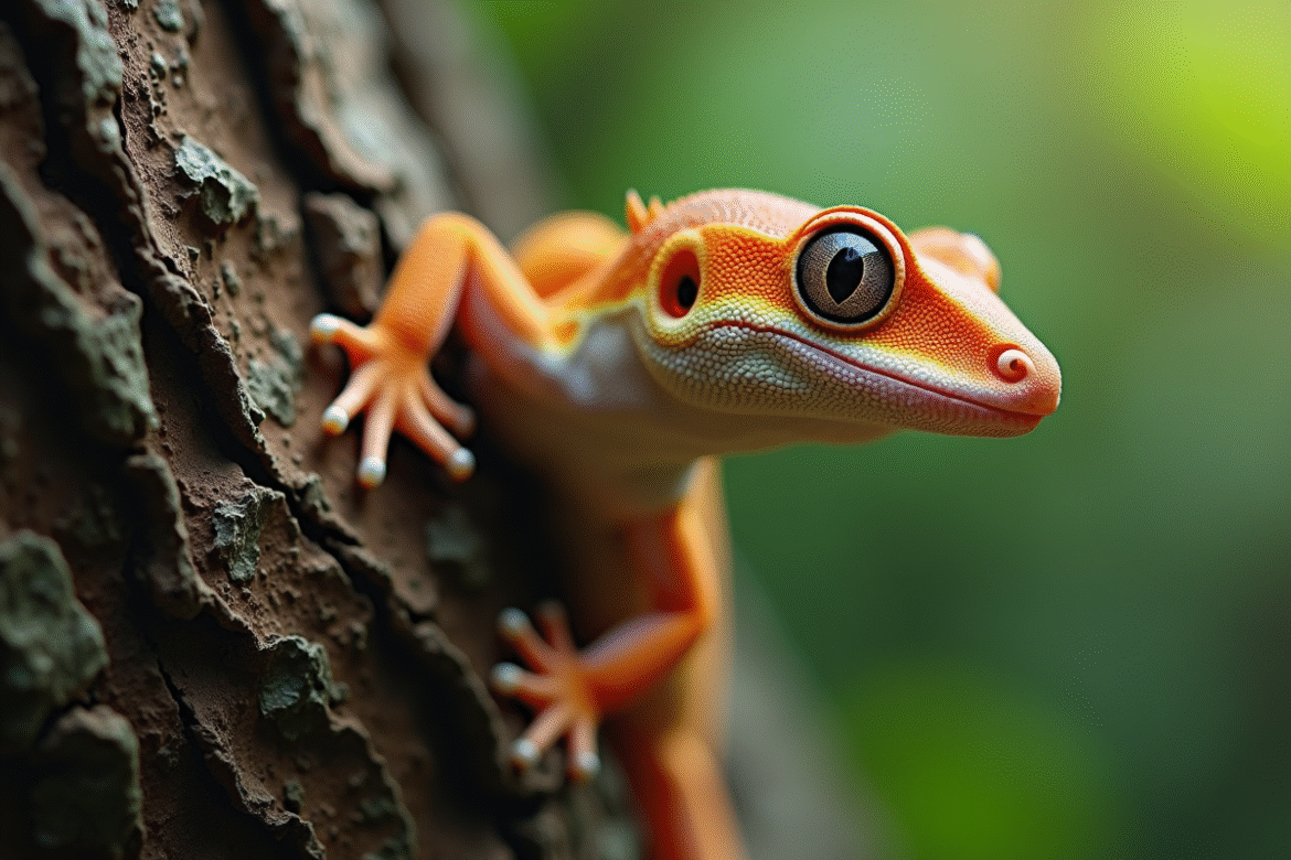 Gecko uroplatus camouflé sur l'écorce d'arbre en forêt