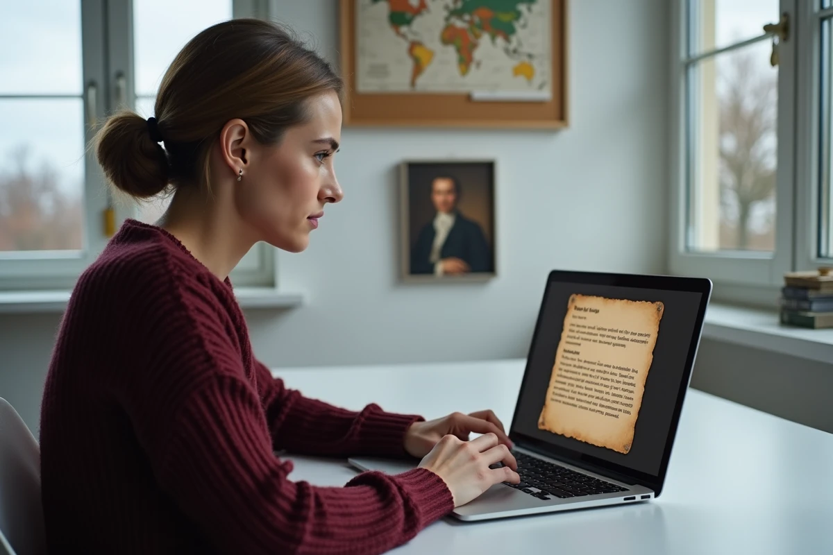 Femme utilisant le générateur de courrier napoleonseries.com sur son ordinateur portable dans un bureau moderne