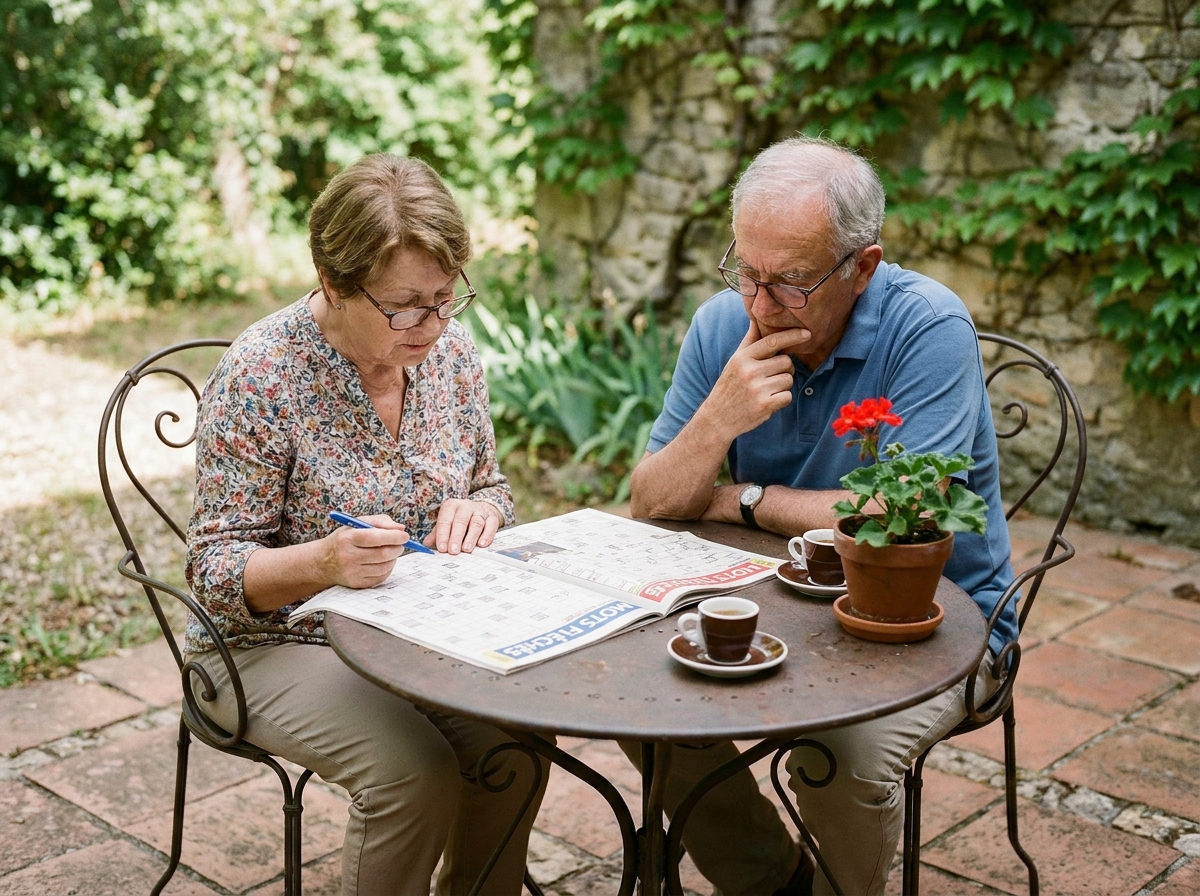 Couple de grands-parents retraités résolvant des mots fléchés ensemble en terrasse dans leur jardin un dimanche