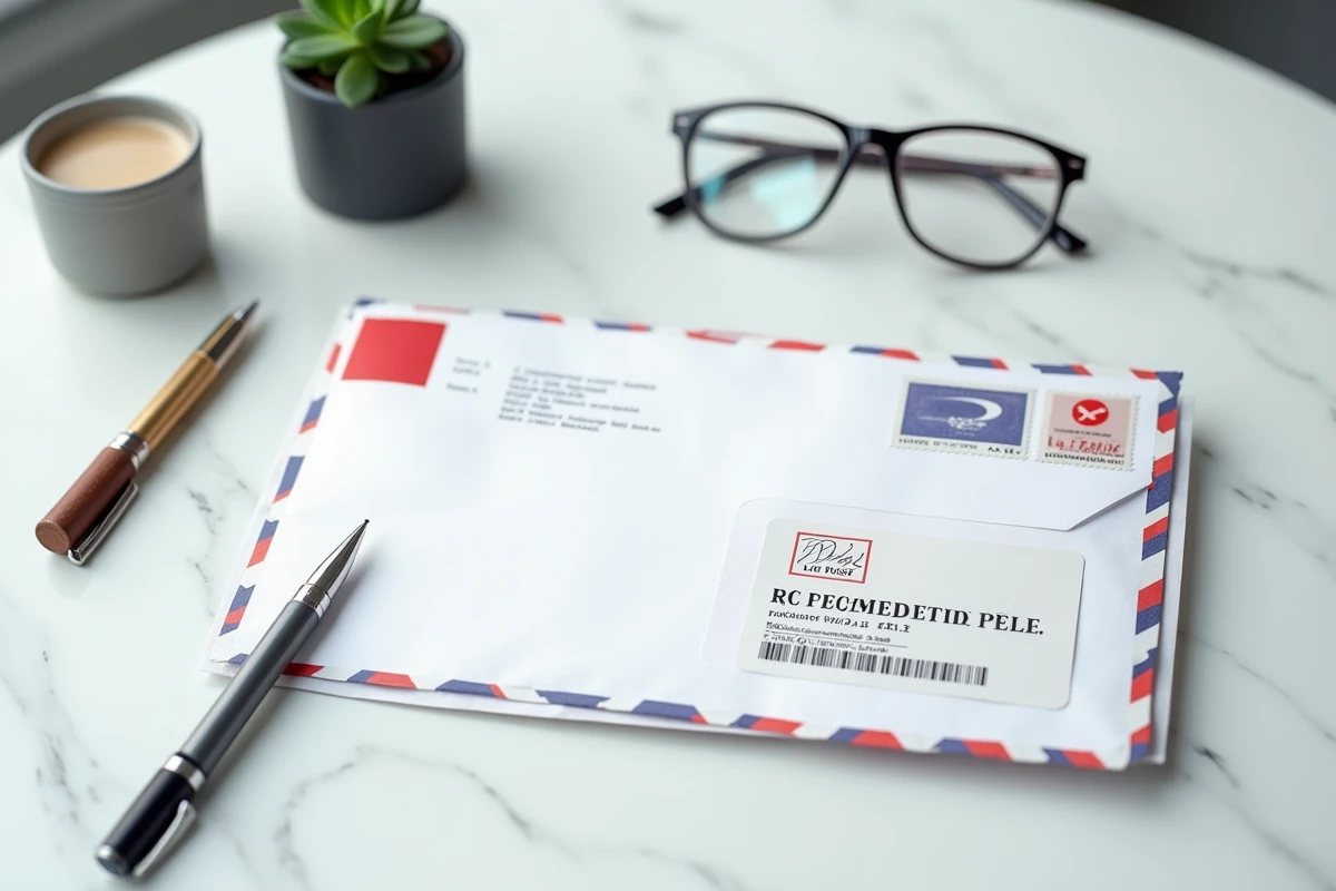 Gros plan sur une enveloppe de lettre recommandée 2C avec étiquette de suivi et adresse expéditeur sur un bureau blanc
