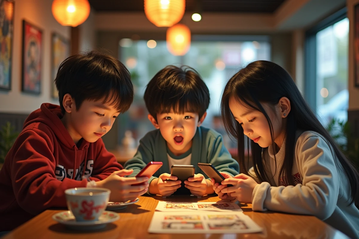 Groupe dados partageant manga VF au café