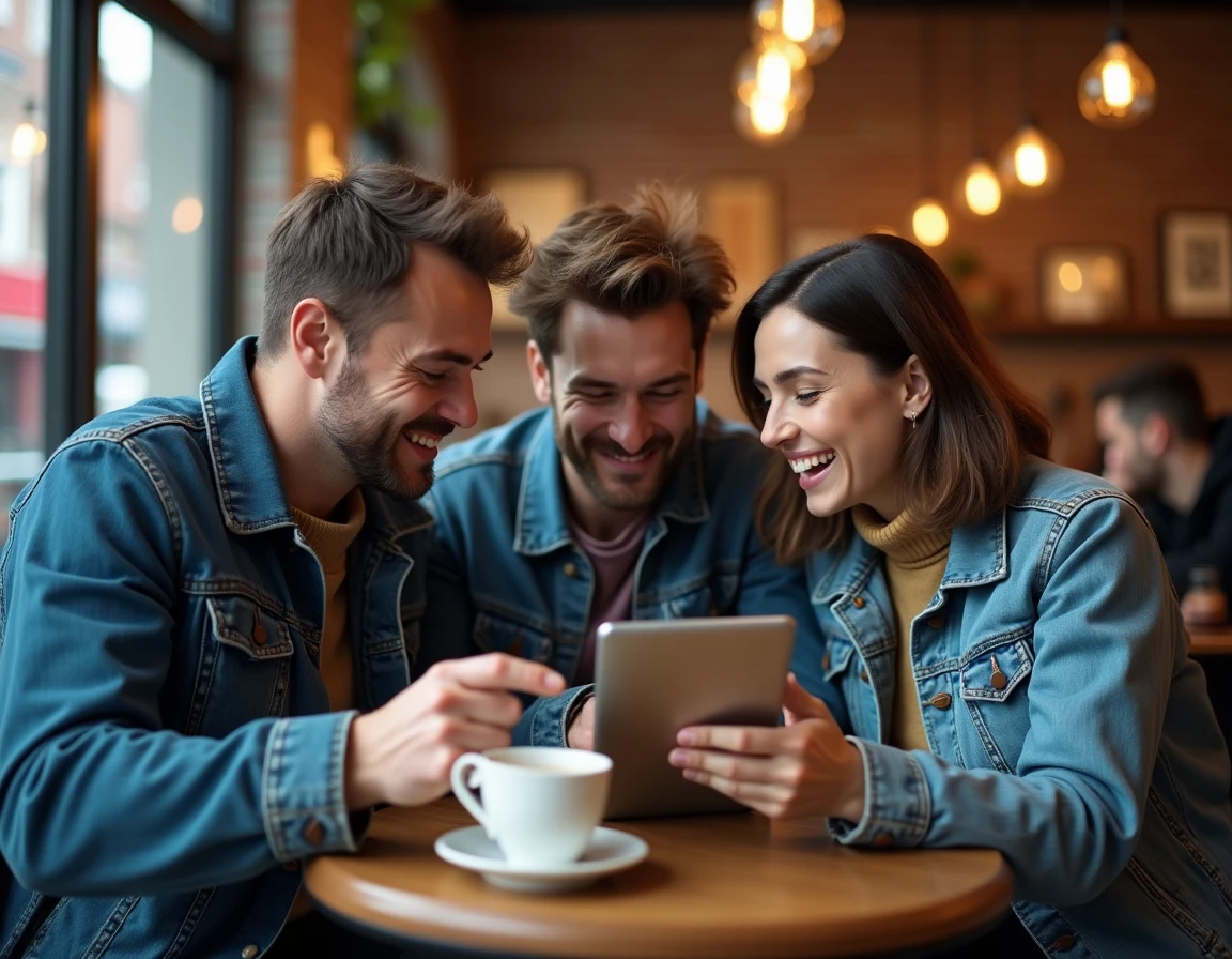 Groupe d'amis jouant ensemble au Wordle Louan sur tablette dans un café urbain