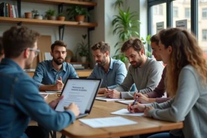 Groupe diversifié discutant politique autour d'une table lumineuse