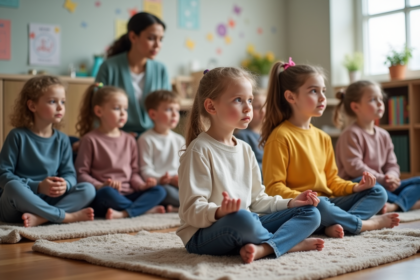 Enfants assis en groupe pratiquant la pleine conscience en classe