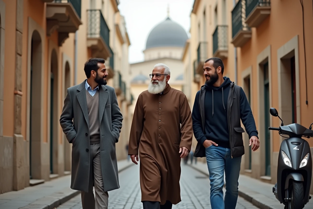 Groupe d'hommes se rendant à la mosquée dans les rues du centre historique de Nîmes pour la prière