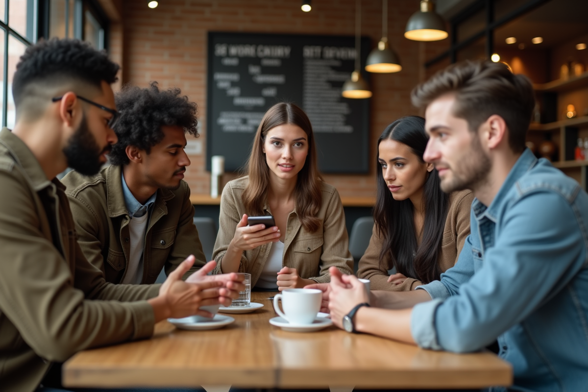 Groupe de jeunes discutant stratégie en café urbain avec femme confiante