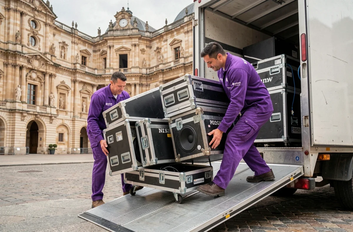 Déménageurs du Groupe Music et Son portant du matériel audio professionnel hors d'un camion devant une salle de concert à Nîmes