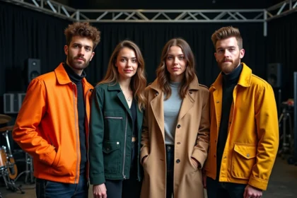 Quatre musiciens jeunes adultes en backstage lors d'un concert