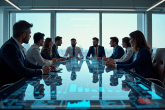 Groupe de professionnels autour d'une table avec hologrammes AI